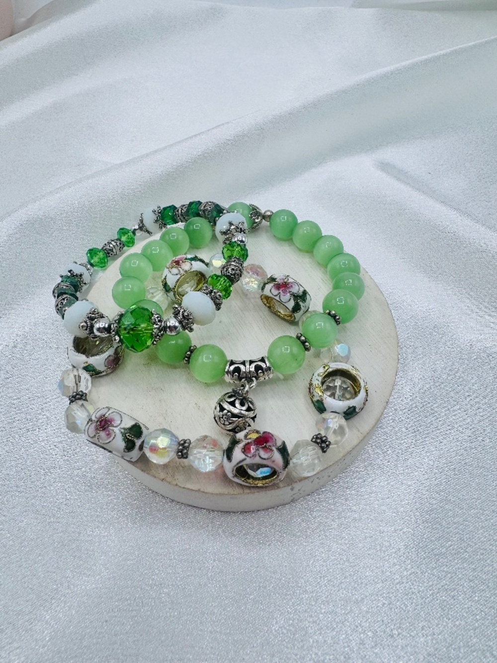 Green Beaded Stretch Bracelet Stack Set Floral Enamel Charms Crystal Accent Boho
